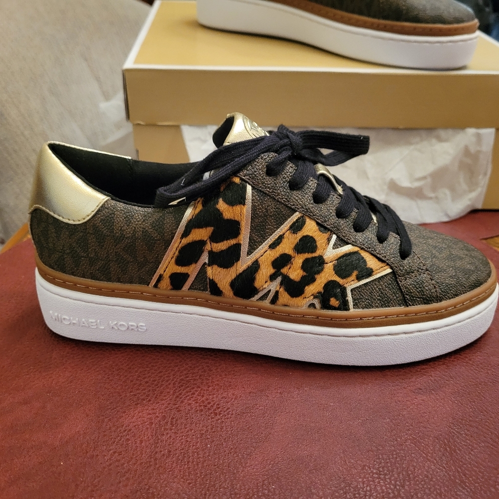 NWT Never Worn Michael Kors MK Chapman Logo & Leopard Print Calf Hair Sneaker